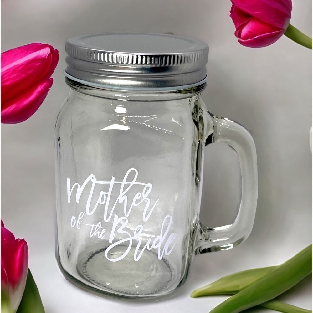 NWT Wool + Pepper Co. MOTHER OF THE BRIDE Glass Mason Jar Cup with Handle & Lid